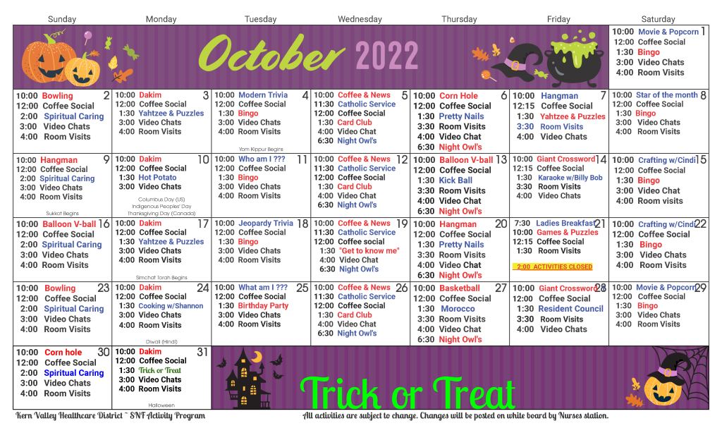October Calendar 2022 Final at Kern Valley Health District